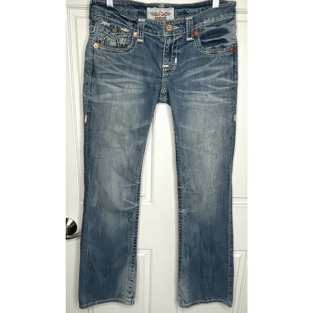 Big Star Women’s Low-Rise Liv Boot Cut Jeans Sz 27R Thick Stitching Distressed